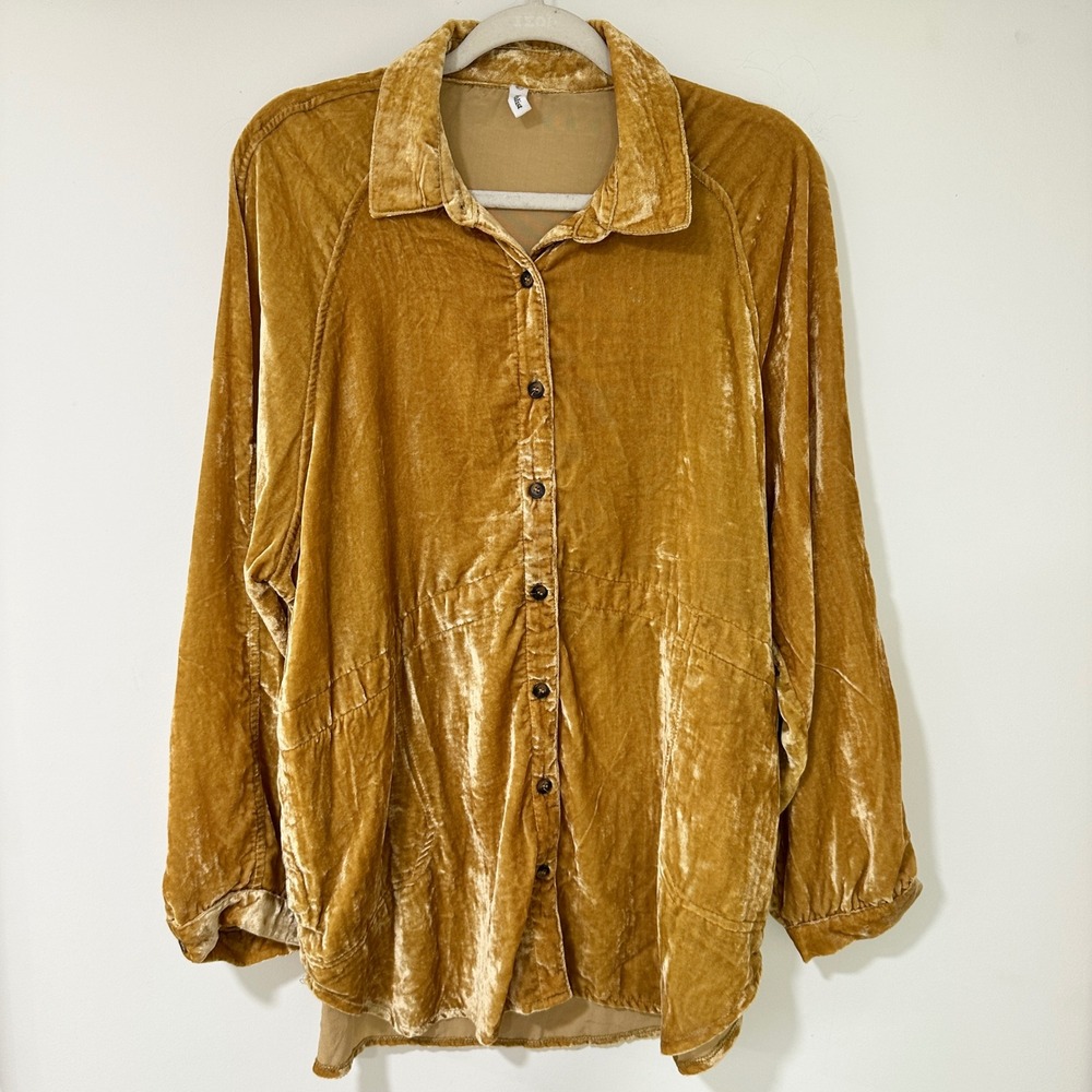 Wishlist Velvet Button Down Shirt Women M/L Gold Mustard Oversized Shacket Indie